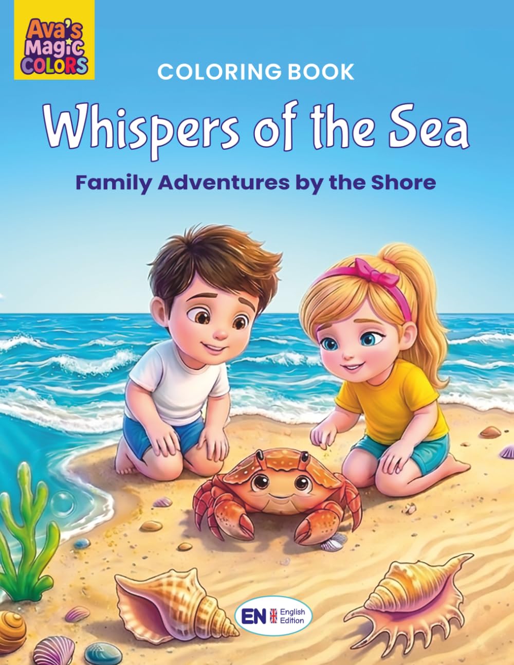 Coloring book cover for Whispers of the Sea Family Adventures by the Shore featuring a boy, a girl, and a friendly crab on a sandy beach